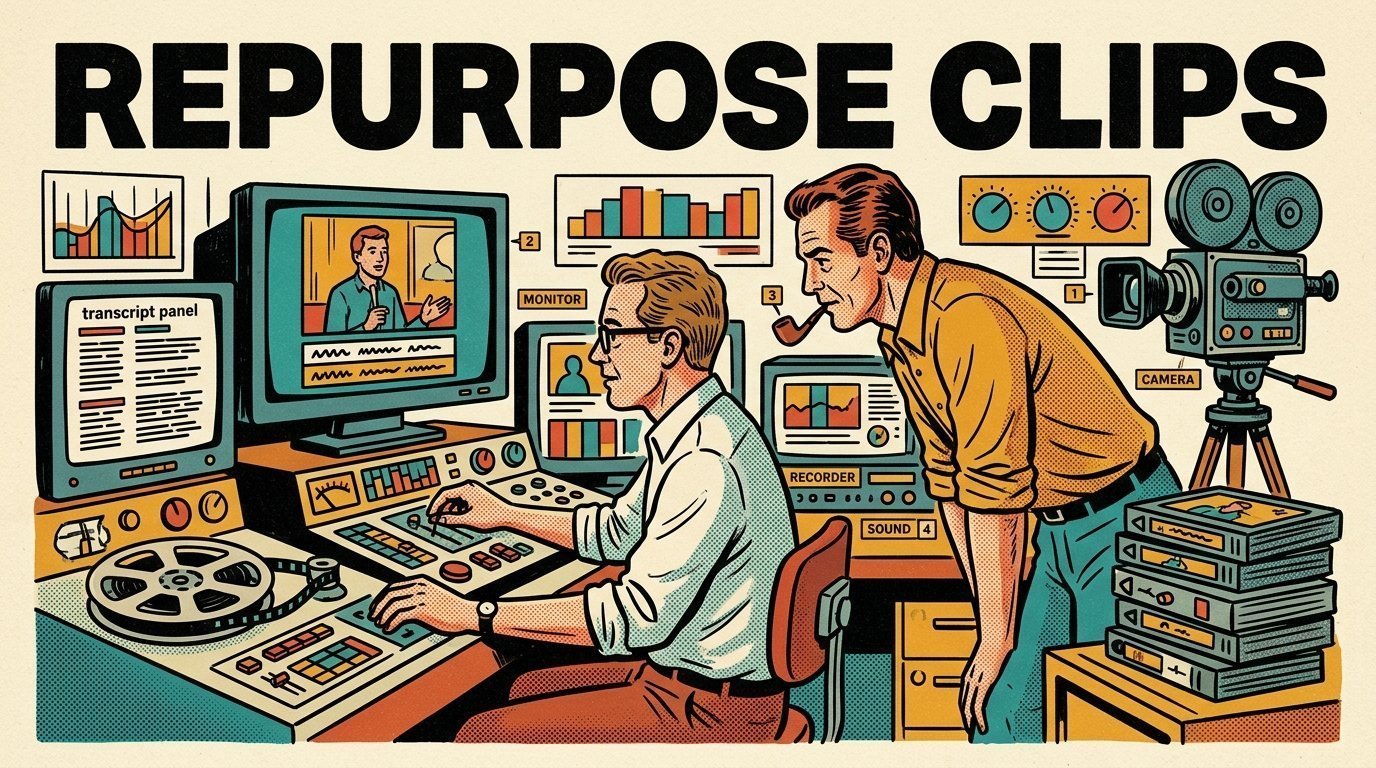 A 1960s mid-century comic book style editorial illustration showing a video editor and a director reviewing the cut together, with caption bars beneath a picture, a transcript panel, a camera on a tripod visible in the frame.