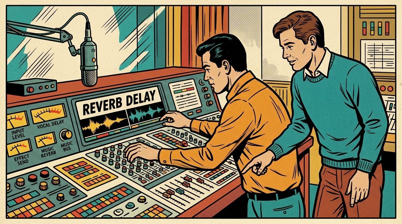 A 1960s mid-century comic book style editorial illustration showing two audio engineers at a mixing desk, with a mixing desk, a studio microphone on a boom arm, an audio waveform display visible in the frame.