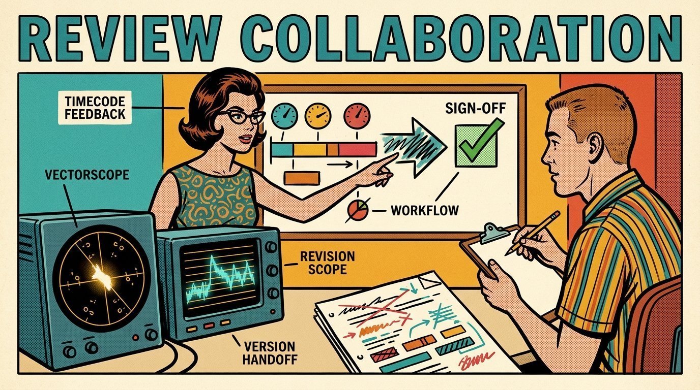 A 1960s mid-century comic book style editorial illustration showing a media operations manager and an engineer reviewing a workflow board, with a vectorscope and waveform monitor, a marked-up script on the desk visible in the frame.