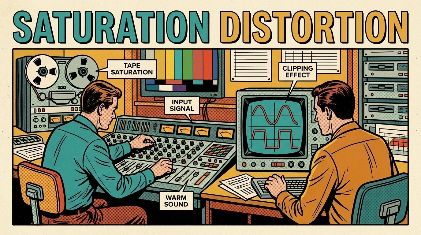 A 1960s mid-century comic book style editorial illustration showing two audio engineers at a mixing desk, with an audio waveform display, reels of magnetic tape, stacked storage drives visible in the frame.