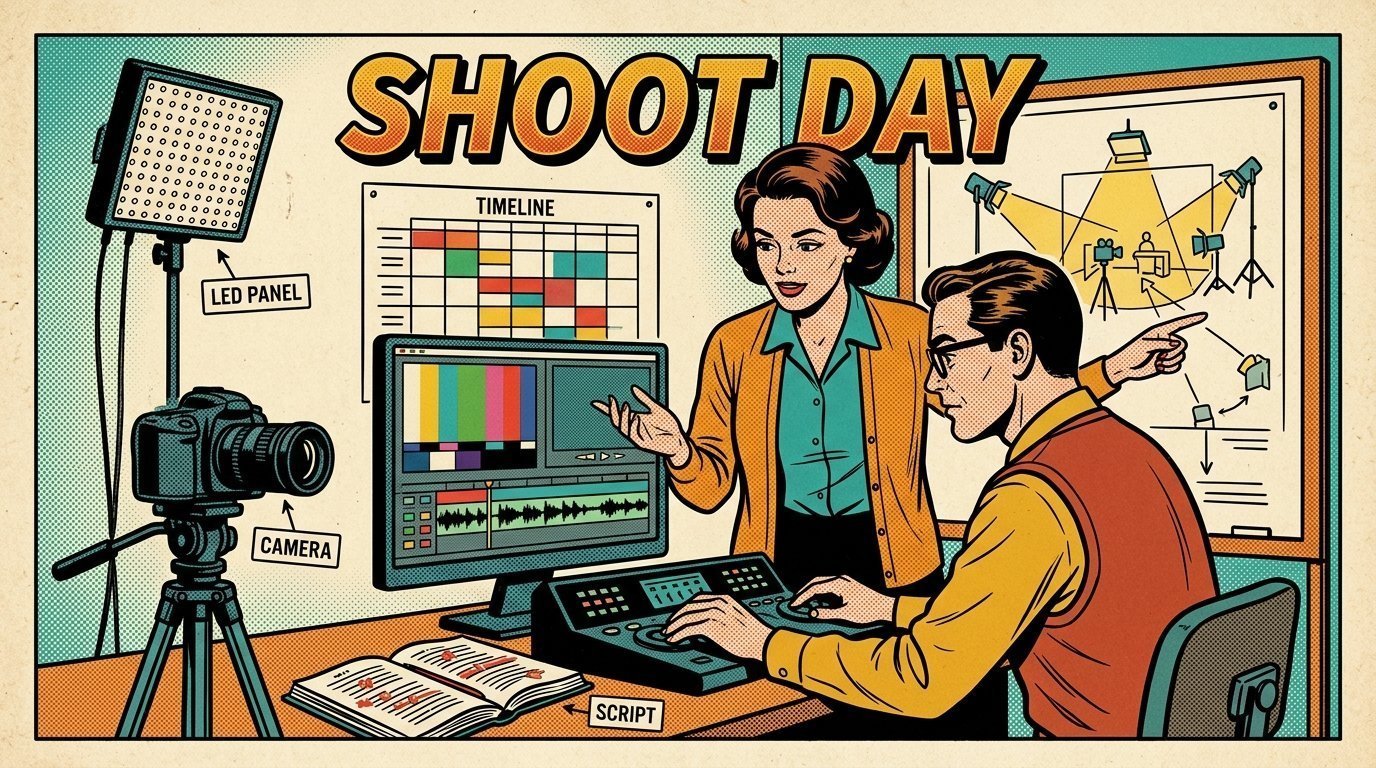 A 1960s mid-century comic book style editorial illustration showing a video editor and a director reviewing the cut together, with an LED panel light on a stand, a marked-up script on the desk, a camera on a tripod visible in the frame.