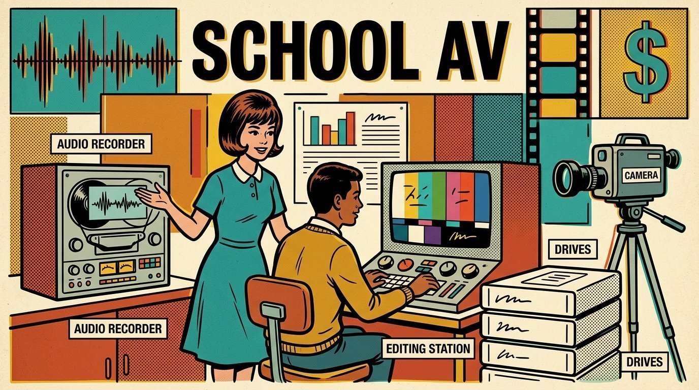A 1960s mid-century comic book style editorial illustration showing a teacher and a student at a shared editing workstation, with a camera on a tripod, a camera tripod, stacked storage drives visible in the frame.
