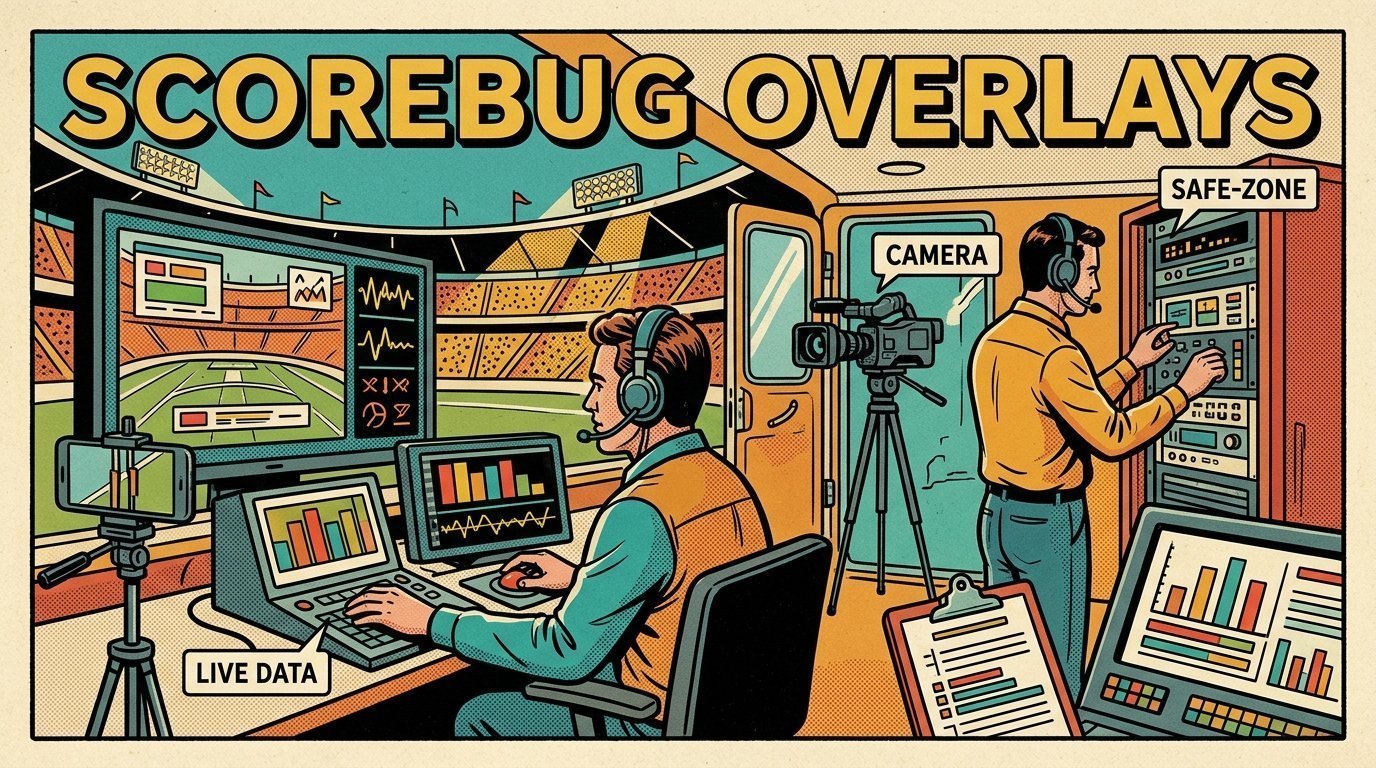 A 1960s mid-century comic book style editorial illustration showing an outside broadcast crew in a truck beside a stadium, with a phone clamped to a rig, a camera on a tripod, a spreadsheet of figures visible in the frame.