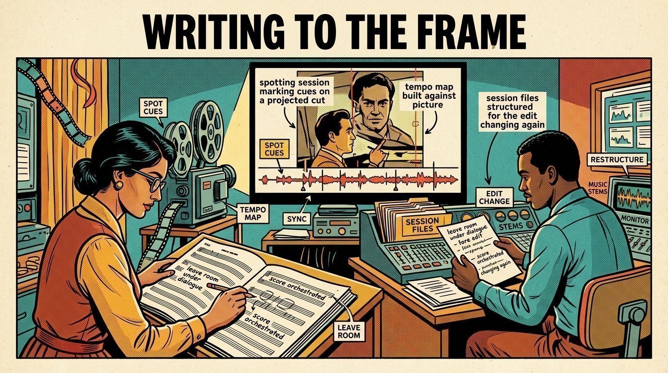 A 1960s mid-century comic book style editorial illustration of a composer and orchestrator spotting cues against a projected cut, building a tempo map to picture and orchestrating around dialogue.