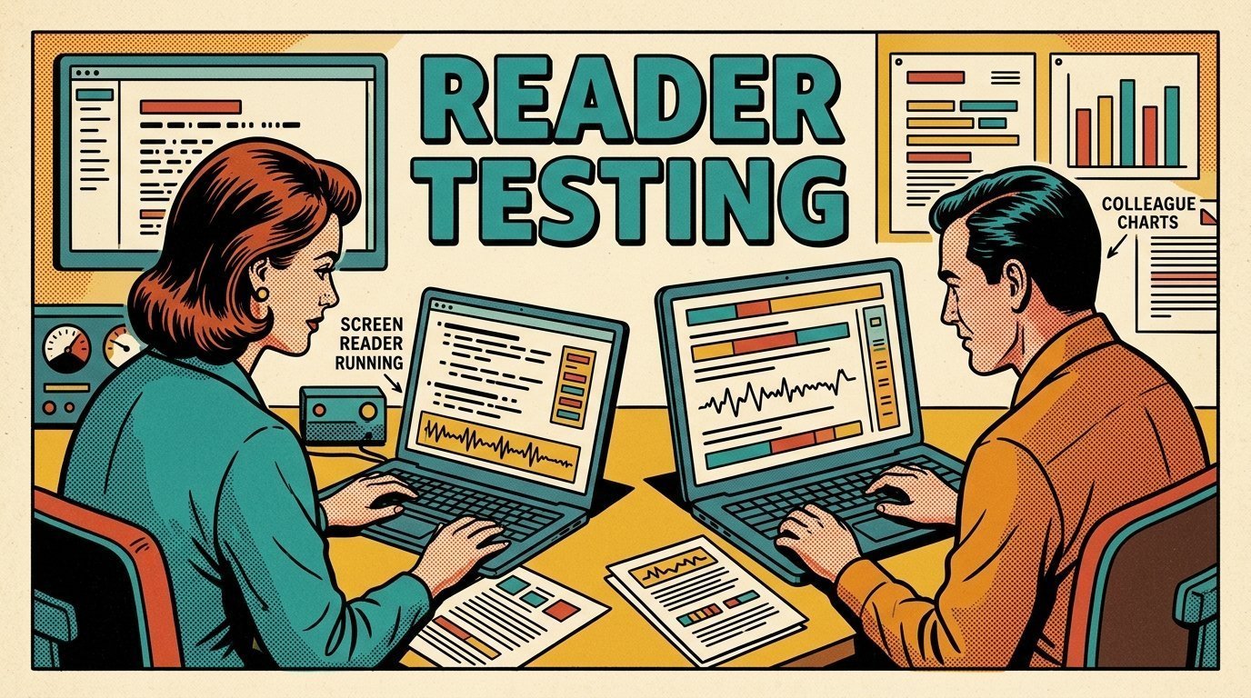 A 1960s mid-century comic book style editorial illustration showing an accessibility specialist and a colleague testing with a screen reader, with a screen reader running on a laptop visible in the frame.