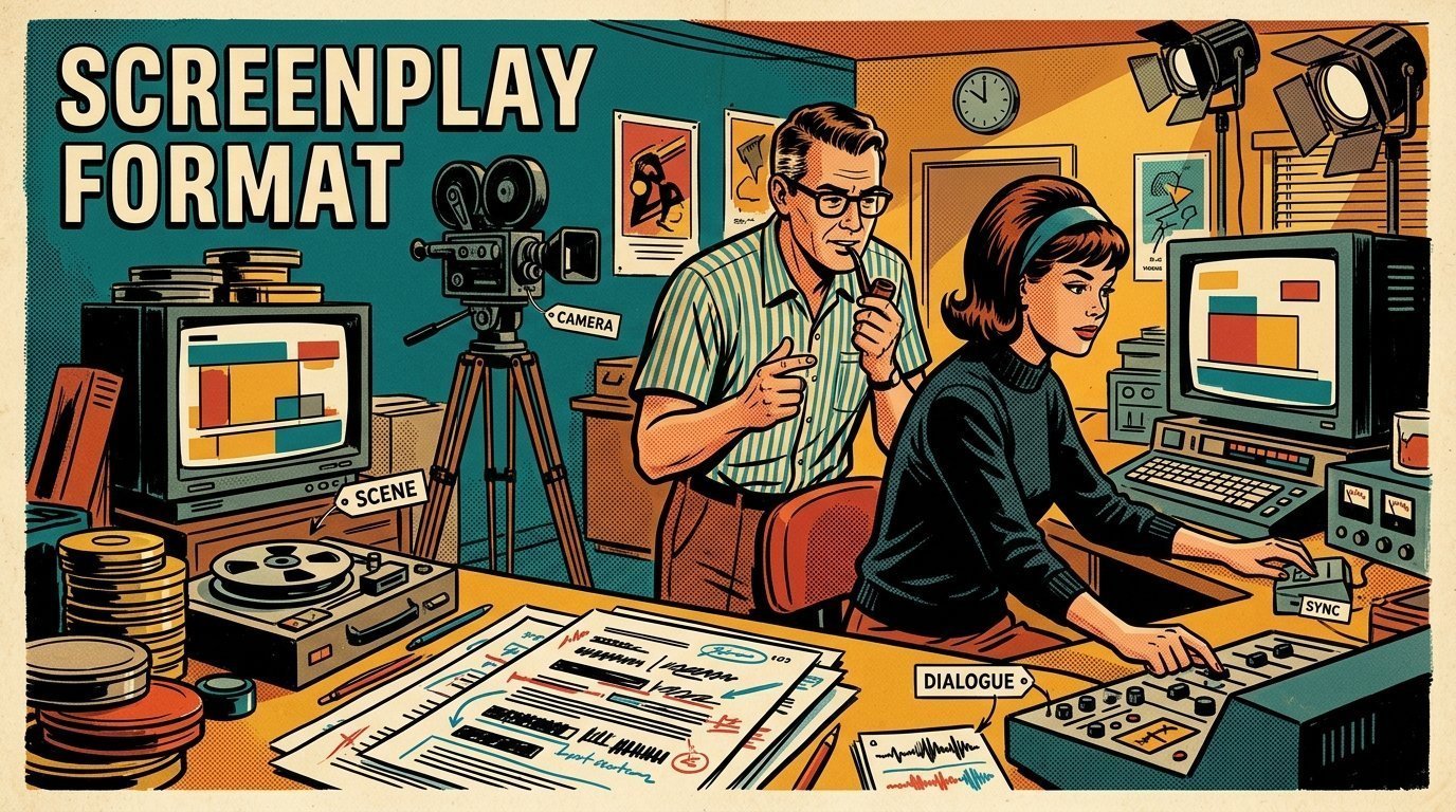 A 1960s mid-century comic book style editorial illustration showing a video editor and a director reviewing the cut together, with a marked-up script on the desk, a camera on a tripod visible in the frame.