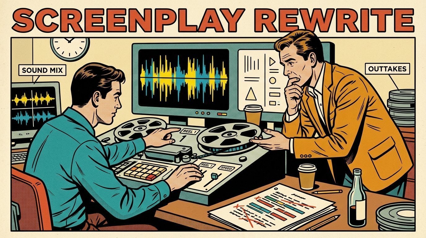 A 1960s mid-century comic book style editorial illustration showing a video editor and a director reviewing the cut together, with a marked-up script on the desk visible in the frame.
