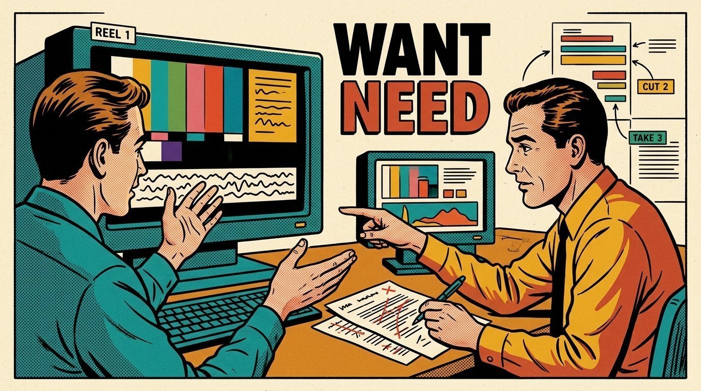 A 1960s mid-century comic book style editorial illustration showing a video editor and a director reviewing the cut together, with a marked-up script on the desk visible in the frame.