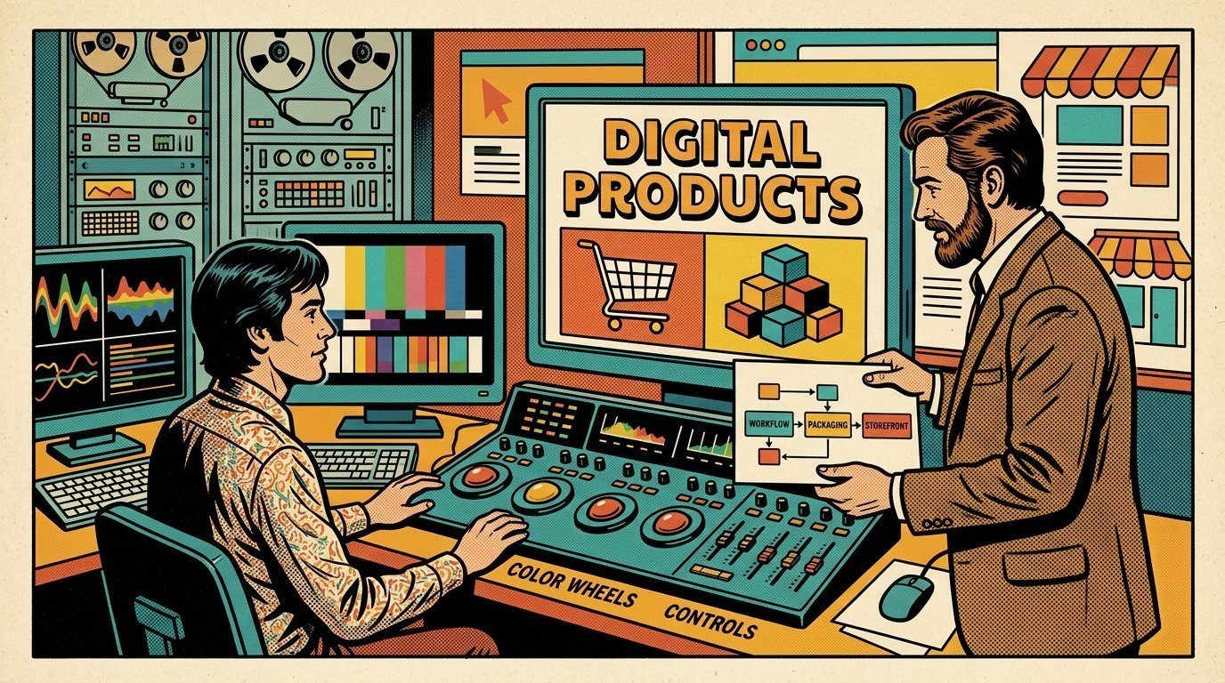 A 1960s mid-century comic book style editorial illustration showing a video editor and a director reviewing the cut together, with a colour grading panel with trackballs visible in the frame.