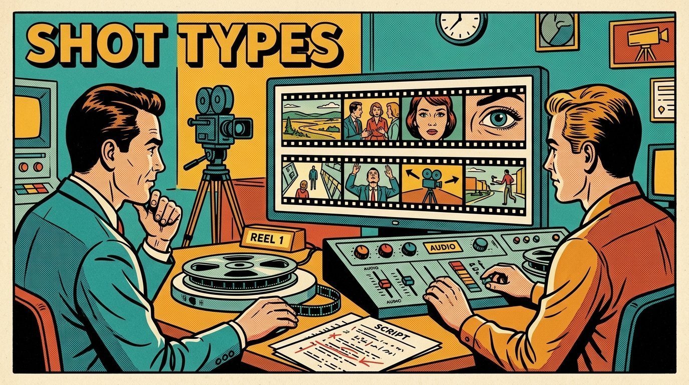 A 1960s mid-century comic book style editorial illustration showing a video editor and a director reviewing the cut together, with a camera on a tripod, a marked-up script on the desk visible in the frame.
