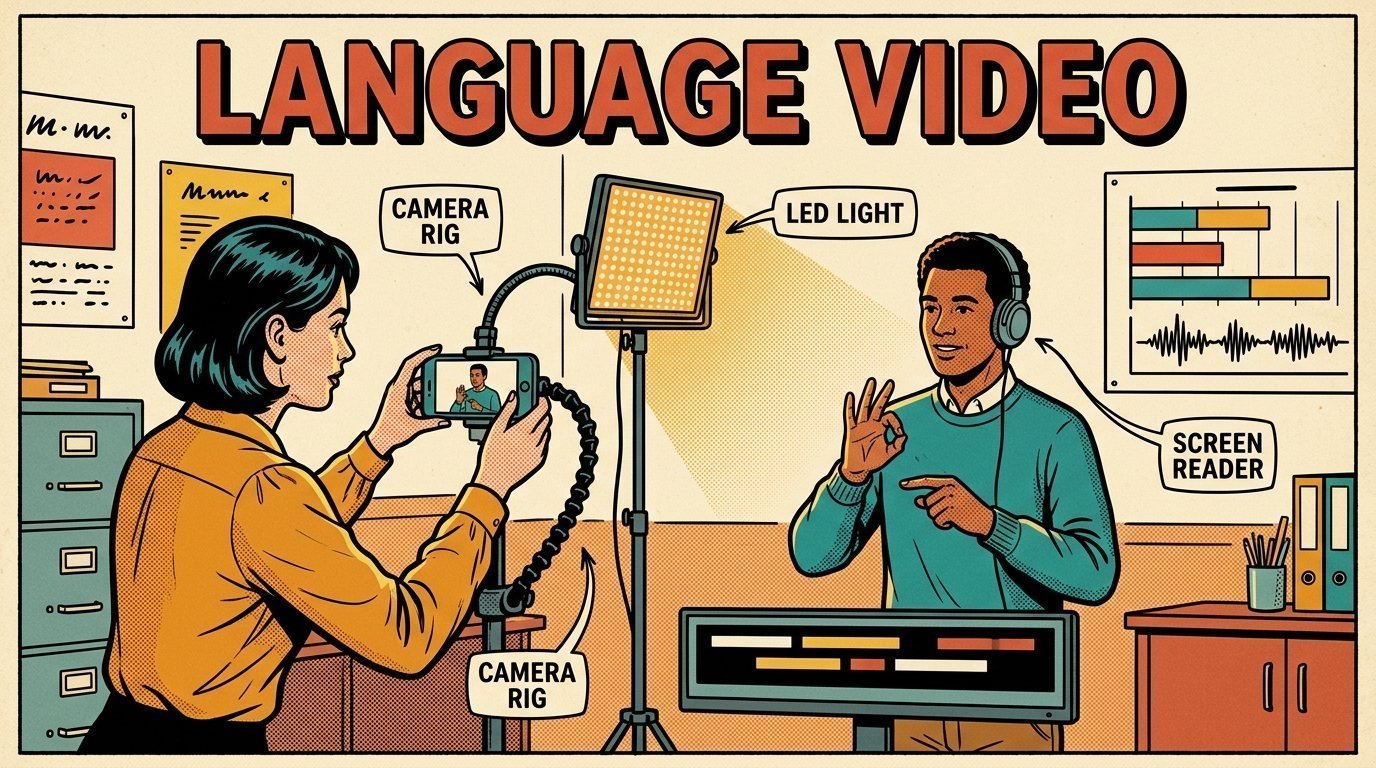 A 1960s mid-century comic book style editorial illustration showing an accessibility specialist and a colleague testing with a screen reader, with caption bars beneath a picture, an LED panel light on a stand, a phone clamped to a rig visible in the frame.