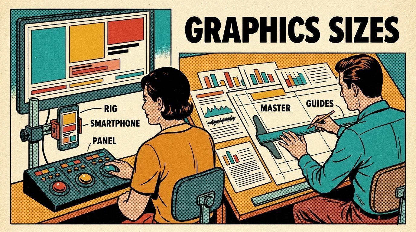 A 1960s mid-century comic book style editorial illustration showing a graphic designer at a drawing desk, with a phone clamped to a rig, a colour grading panel with trackballs visible in the frame.