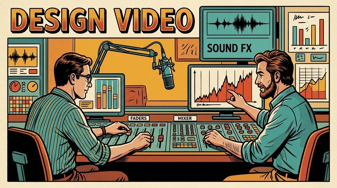 A 1960s mid-century comic book style editorial illustration showing two audio engineers at a mixing desk, with a mixing desk, a studio microphone on a boom arm, an audio waveform display visible in the frame.