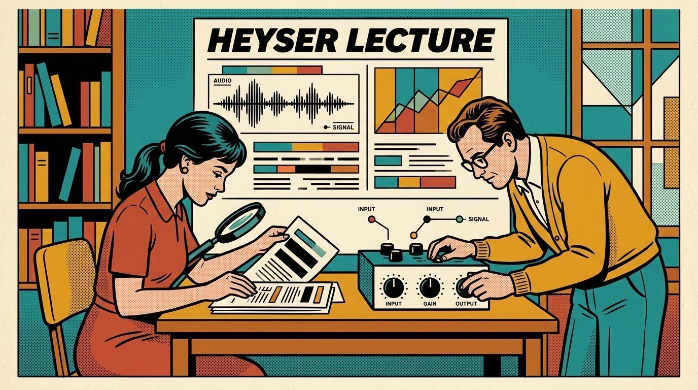 A 1960s mid-century comic book style editorial illustration showing an archivist handling documents at a reading room table, with a transcript panel, an audio interface with gain knobs visible in the frame.