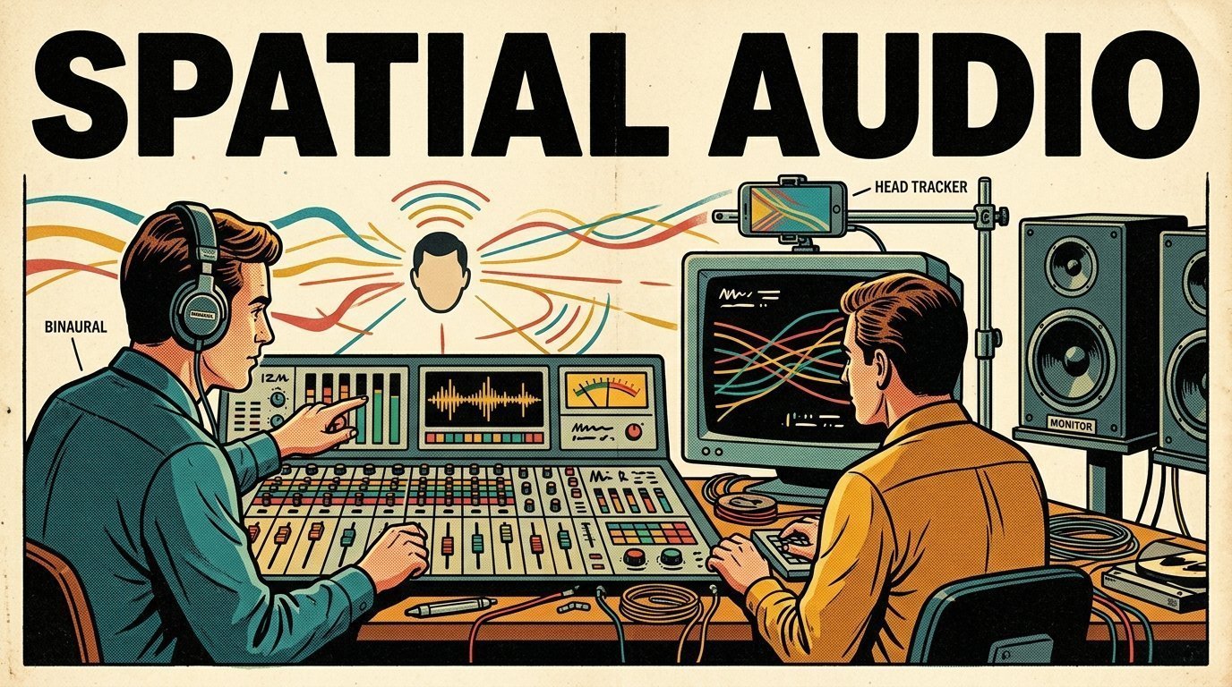 A 1960s mid-century comic book style editorial illustration showing two audio engineers at a mixing desk, with closed-back headphones, a pair of studio monitors, a phone clamped to a rig visible in the frame.