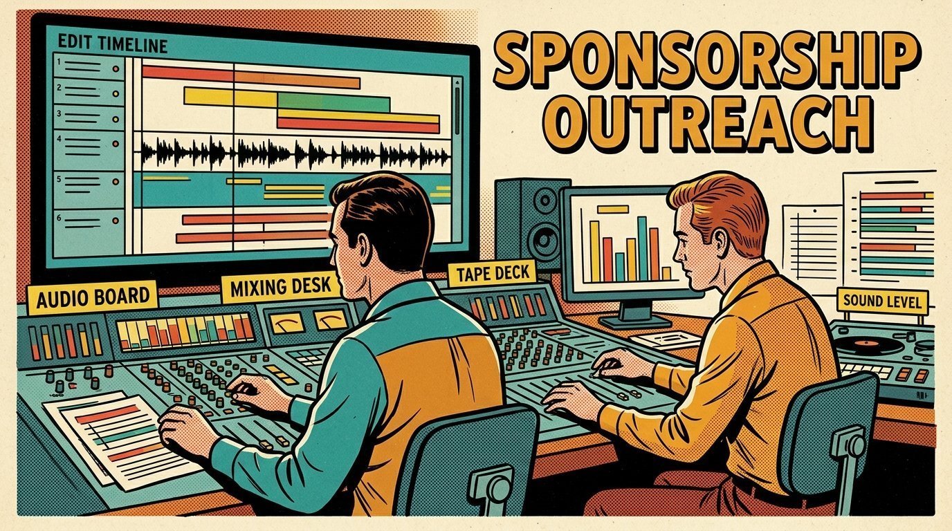 A 1960s mid-century comic book style editorial illustration showing two audio engineers at a mixing desk, with an edit timeline on a large screen visible in the frame.