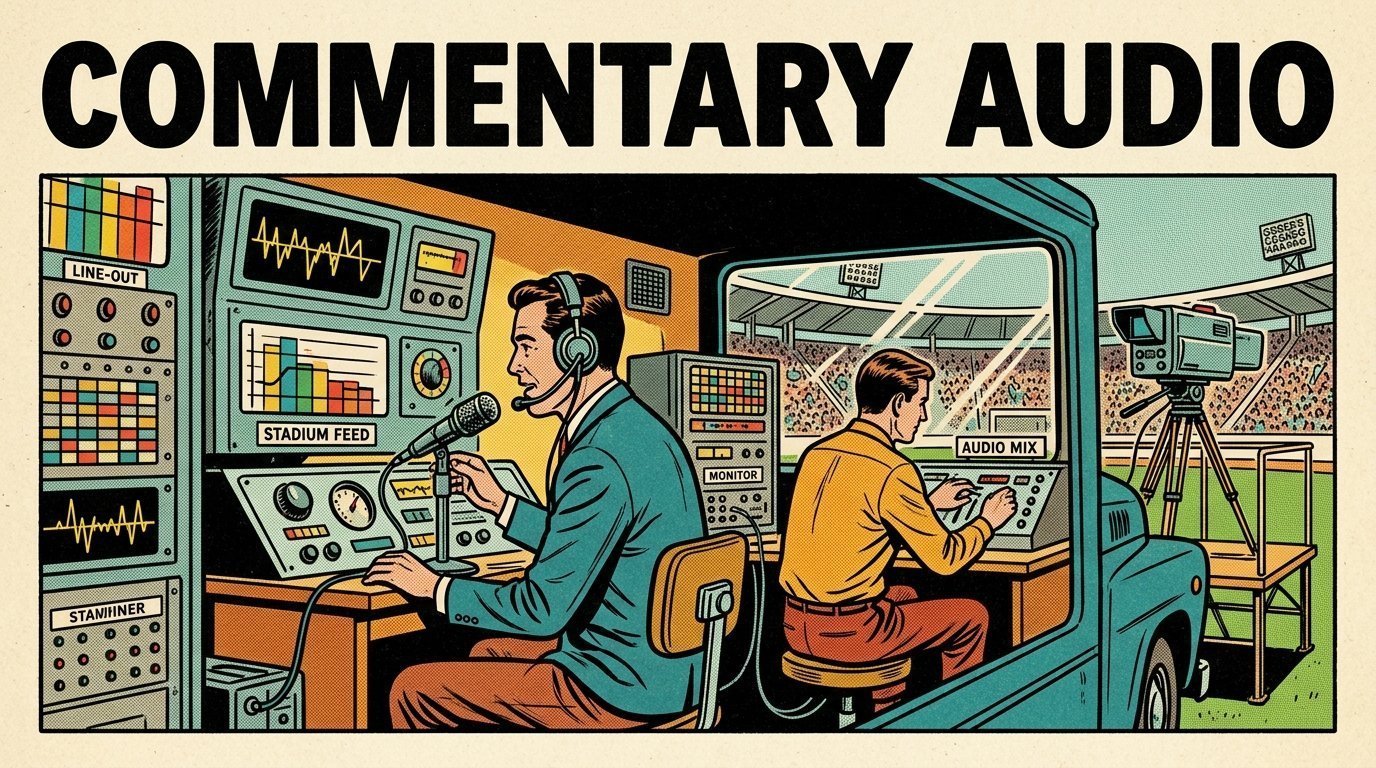 A 1960s mid-century comic book style editorial illustration showing an outside broadcast crew in a truck beside a stadium, with a camera on a tripod visible in the frame.
