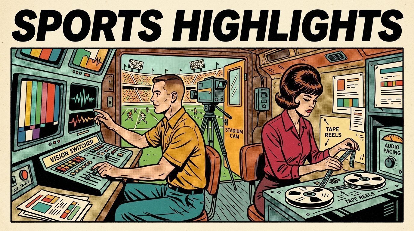 A 1960s mid-century comic book style editorial illustration showing an outside broadcast crew in a truck beside a stadium, with a camera on a tripod, a vision switcher visible in the frame.