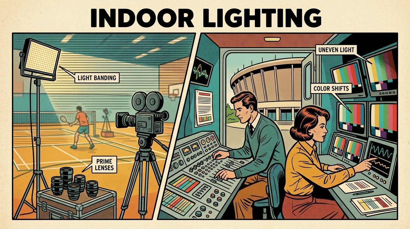 A 1960s mid-century comic book style editorial illustration showing an outside broadcast crew in a truck beside a stadium, with an LED panel light on a stand, a camera on a tripod, a set of prime lenses visible in the frame.