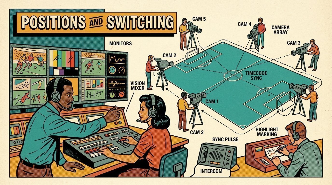 A 1960s mid-century comic book style editorial illustration of a vision mixer and director covering live sport, with cameras positioned by playing-area geometry, intercom links and timecode sync.