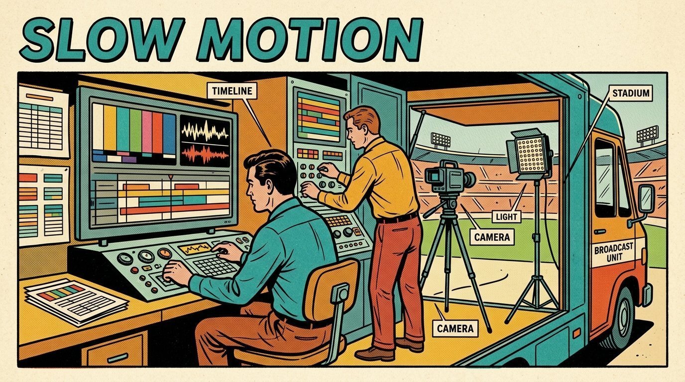 A 1960s mid-century comic book style editorial illustration showing an outside broadcast crew in a truck beside a stadium, with a camera on a tripod, an LED panel light on a stand, an edit timeline on a large screen visible in the frame.