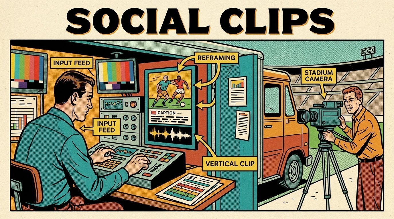 A 1960s mid-century comic book style editorial illustration showing an outside broadcast crew in a truck beside a stadium, with caption bars beneath a picture, a camera on a tripod visible in the frame.