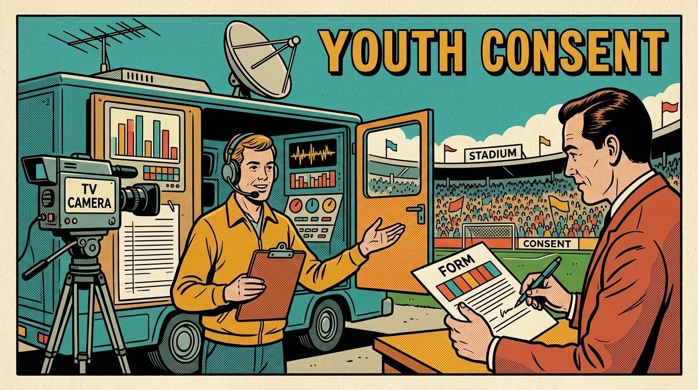 A 1960s mid-century comic book style editorial illustration showing an outside broadcast crew in a truck beside a stadium, with a camera on a tripod visible in the frame.