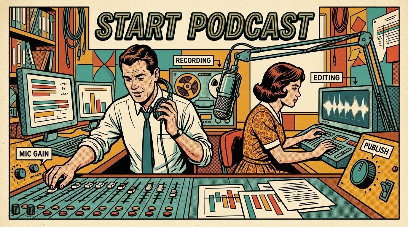A 1960s mid-century comic book style editorial illustration showing two audio engineers at a mixing desk, with a studio microphone on a boom arm visible in the frame.