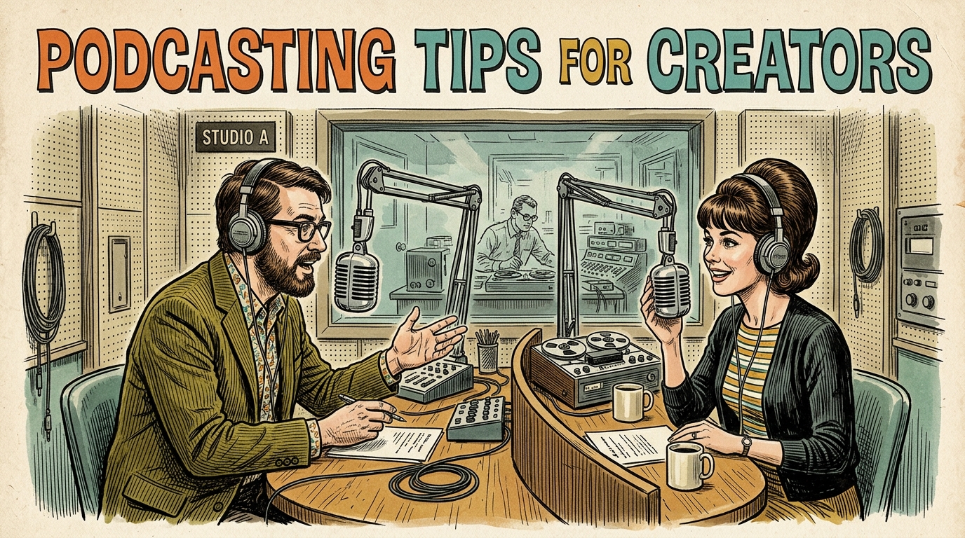 A 1960s mid-century editorial illustration showing podcast hosts conducting a broadcast interview into vintage microphones inside an acoustically treated recording studio.
