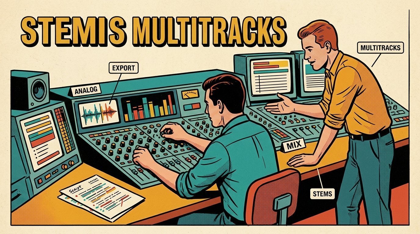 A 1960s mid-century comic book style editorial illustration showing two audio engineers at a mixing desk, with a marked-up script on the desk visible in the frame.