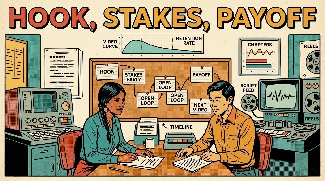 A 1960s mid-century comic book style editorial illustration of a writer and script editor mapping hook, stakes, open loops and payoff on index cards beneath a retention curve graph.
