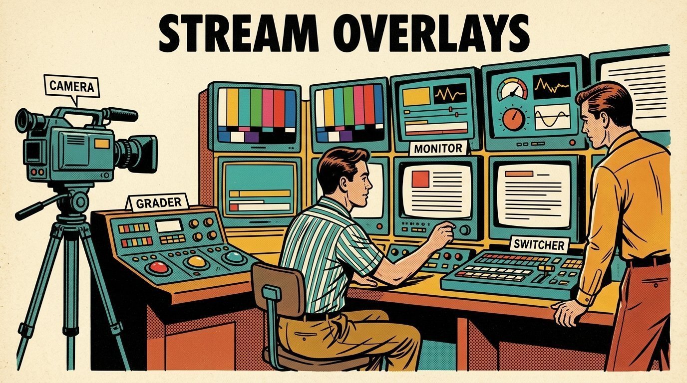 A 1960s mid-century comic book style editorial illustration showing a streaming operator watching a wall of encoders, with a camera on a tripod, a colour grading panel with trackballs visible in the frame.