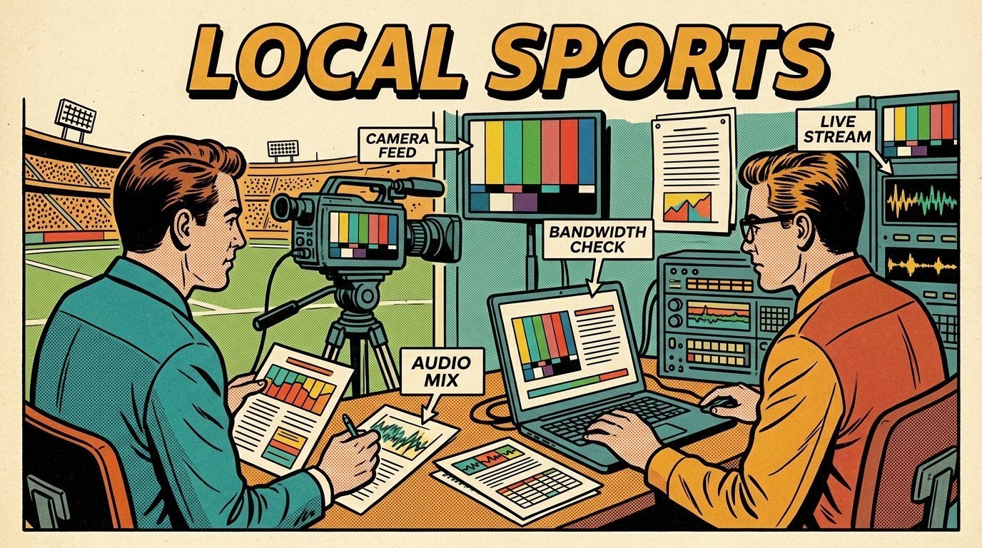 A 1960s mid-century comic book style editorial illustration showing an outside broadcast crew in a truck beside a stadium, with a camera on a tripod, an open laptop, a bank of encoders visible in the frame.