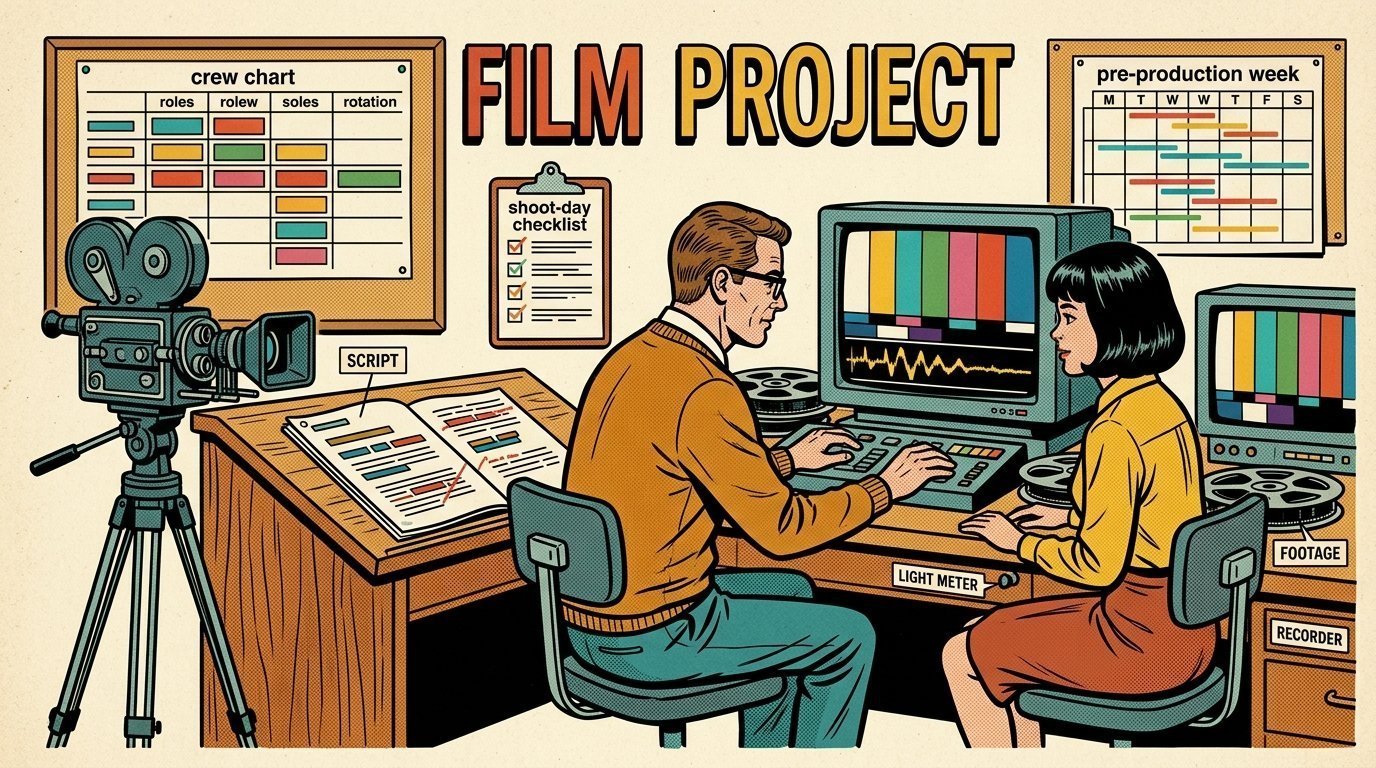A 1960s mid-century comic book style editorial illustration showing a teacher and a student at a shared editing workstation, with a camera on a tripod, a marked-up script on the desk visible in the frame.