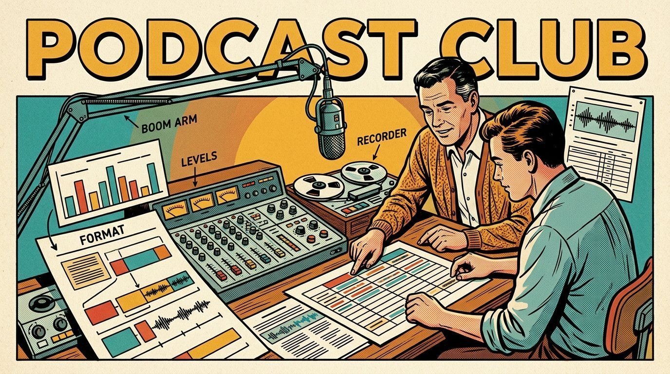 A 1960s mid-century comic book style editorial illustration showing a teacher and a student at a shared editing workstation, with a studio microphone on a boom arm visible in the frame.