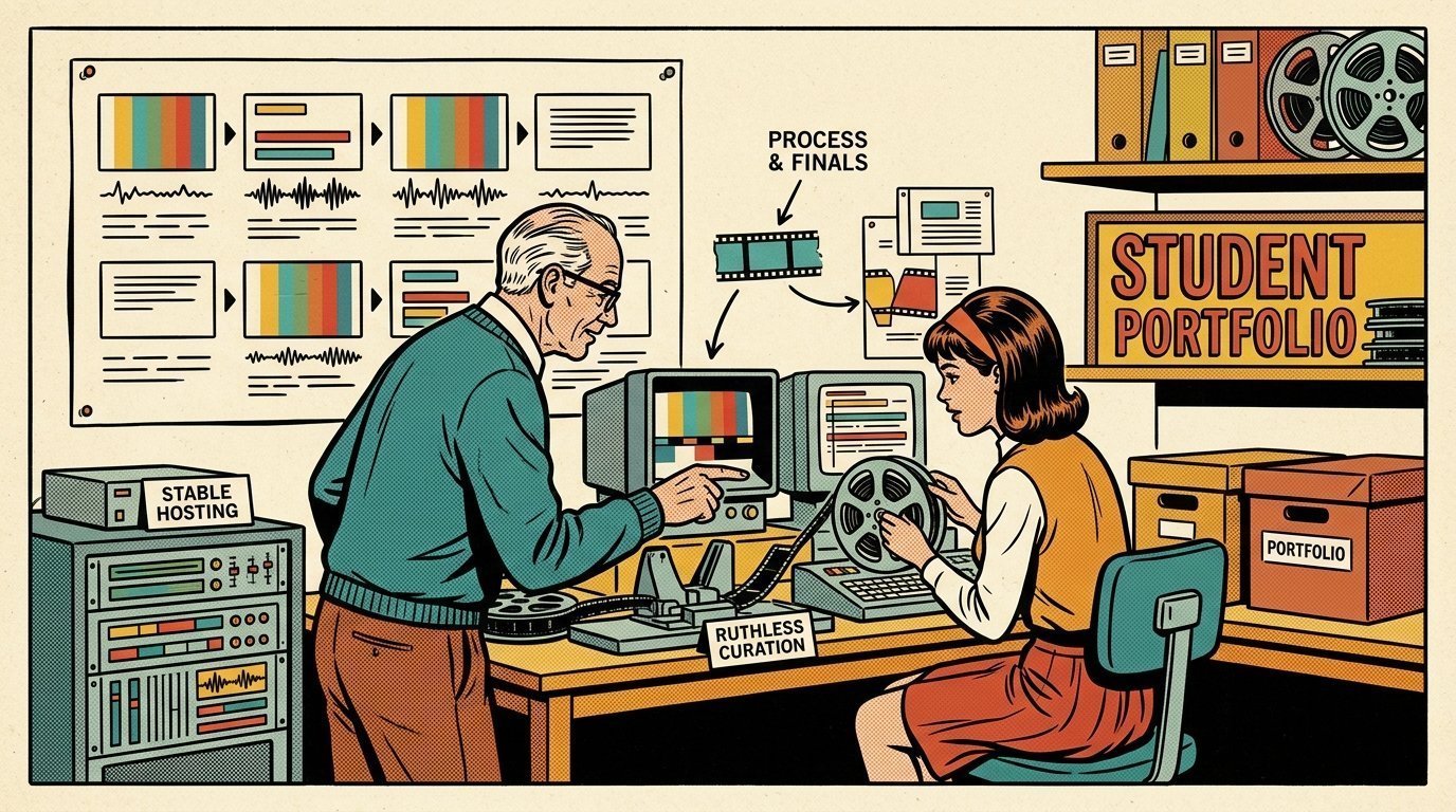 A 1960s mid-century comic book style editorial illustration showing a teacher and a student at a shared editing workstation, with a storyboard pinned to a wall, labelled archive boxes and reels visible in the frame.