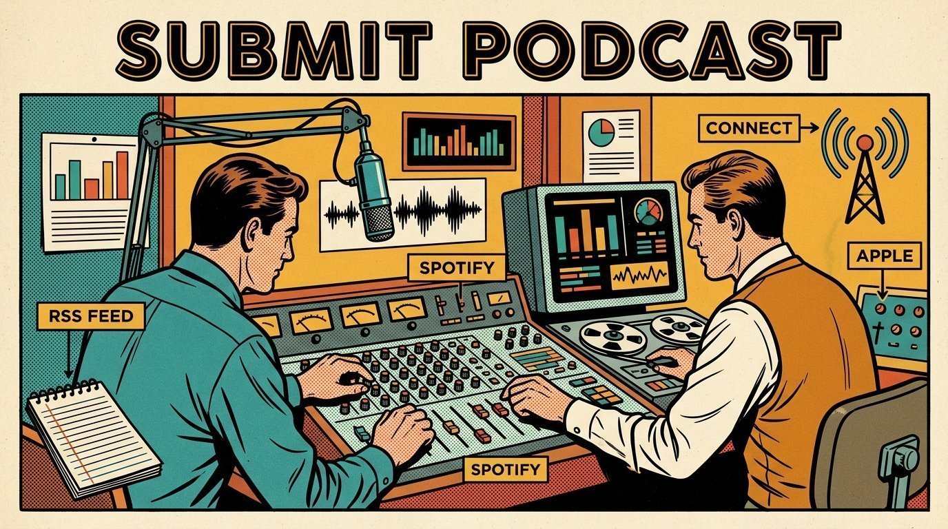 A 1960s mid-century comic book style editorial illustration showing two audio engineers at a mixing desk, with a mixing desk, a studio microphone on a boom arm, an audio waveform display visible in the frame.