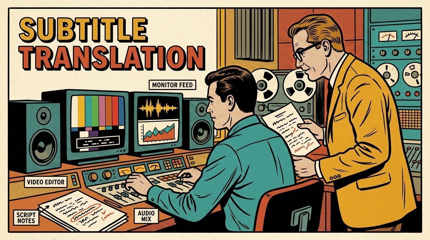 A 1960s mid-century comic book style editorial illustration showing a video editor and a director reviewing the cut together, with a pair of studio monitors, caption bars beneath a picture, a marked-up script on the desk visible in the frame.