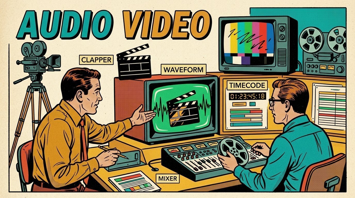A 1960s mid-century comic book style editorial illustration showing a video editor and a director reviewing the cut together, with a camera on a tripod, an audio waveform display visible in the frame.