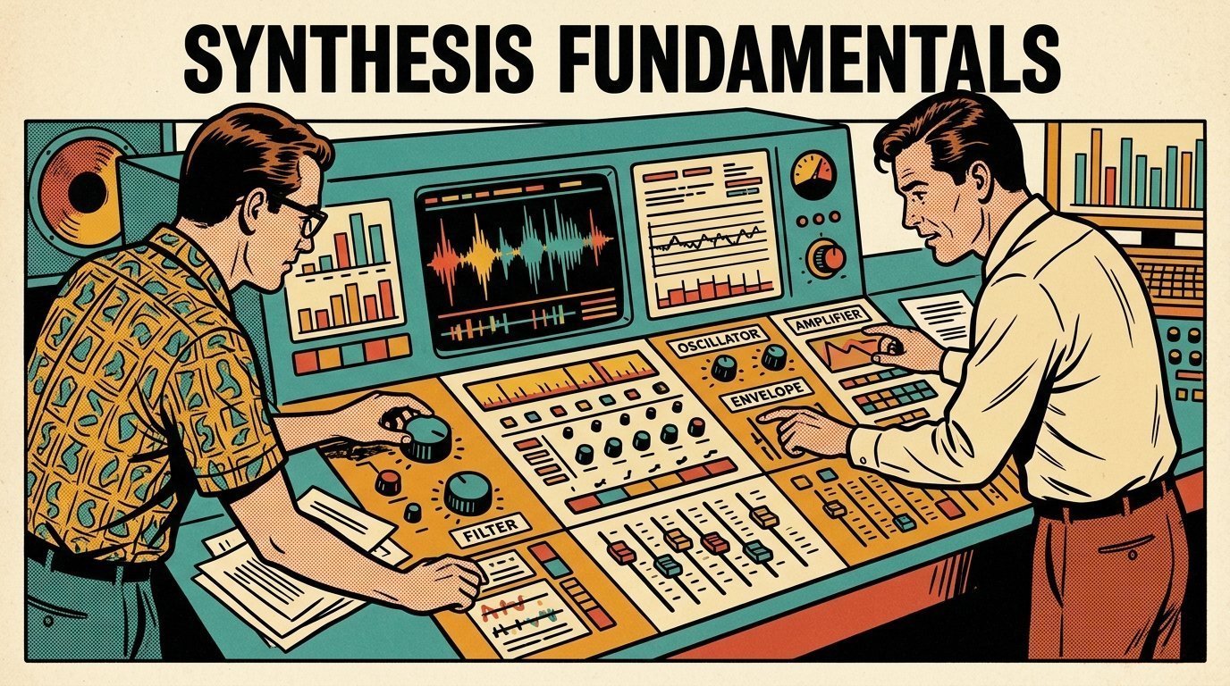 A 1960s mid-century comic book style editorial illustration showing two audio engineers at a mixing desk, with an audio waveform display visible in the frame.