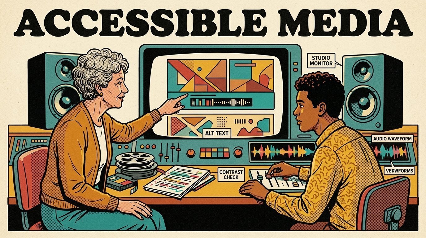 A 1960s mid-century comic book style editorial illustration showing a teacher and a student at a shared editing workstation, with caption bars beneath a picture, a pair of studio monitors, a marked-up script on the desk visible in the frame.