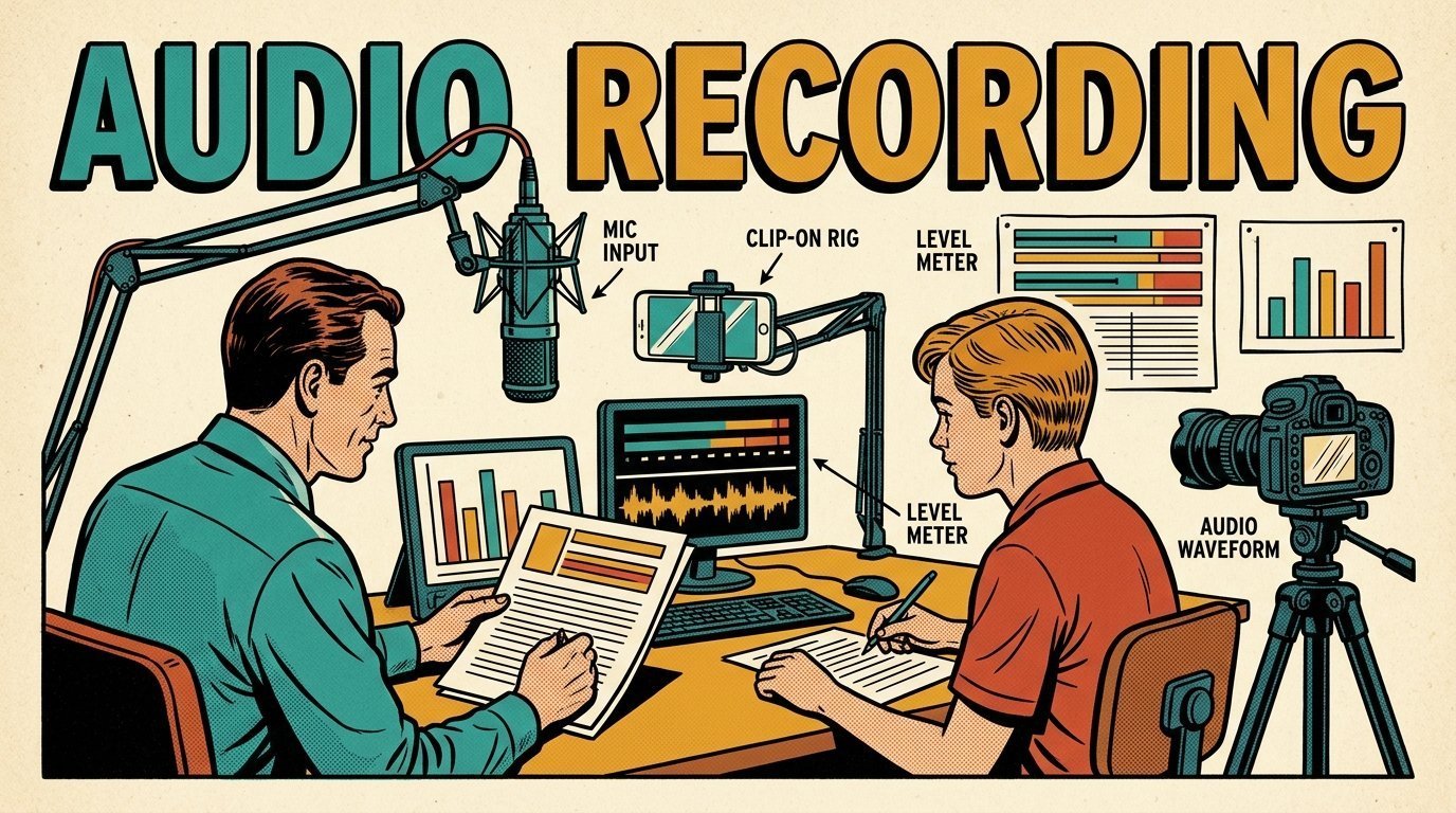 A 1960s mid-century comic book style editorial illustration showing a teacher and a student at a shared editing workstation, with a studio microphone on a boom arm, a phone clamped to a rig, a camera on a tripod visible in the frame.