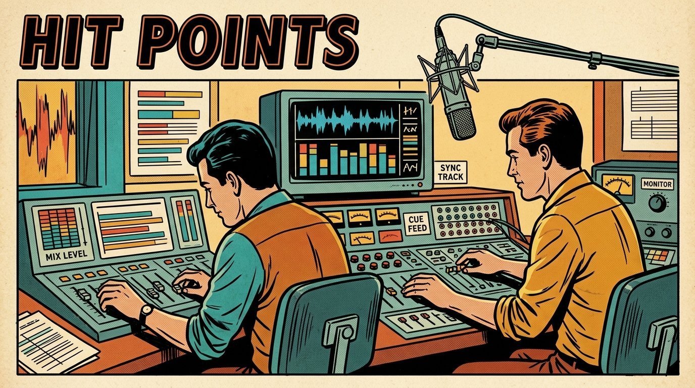 A 1960s mid-century comic book style editorial illustration showing two audio engineers at a mixing desk, with a mixing desk, a studio microphone on a boom arm, an audio waveform display visible in the frame.