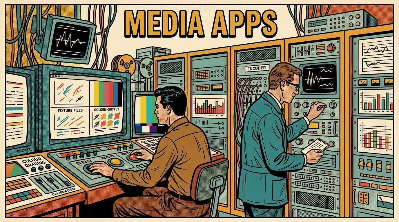 A 1960s mid-century comic book style editorial illustration showing two engineers at terminals in a machine room, with a bank of encoders, a colour grading panel with trackballs visible in the frame.