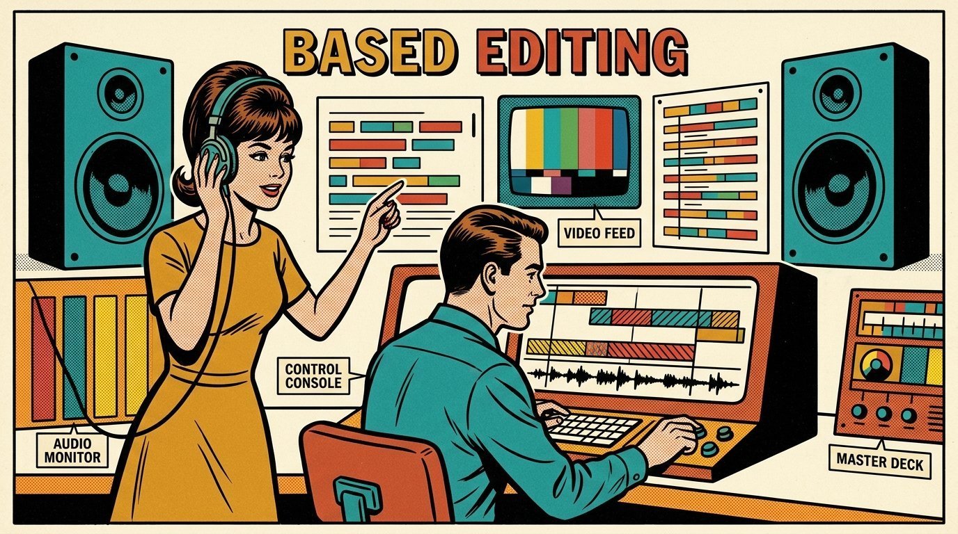 A 1960s mid-century comic book style editorial illustration showing a researcher and an editor comparing machine output against a reference, with a transcript panel, an edit timeline on a large screen, a pair of studio monitors visible in the frame.