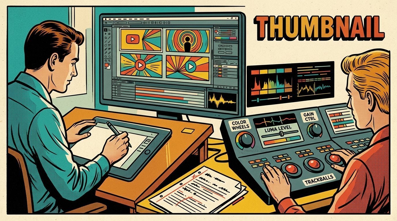 A 1960s mid-century comic book style editorial illustration showing a graphic designer at a drawing desk, with a colour grading panel with trackballs, a marked-up script on the desk visible in the frame.