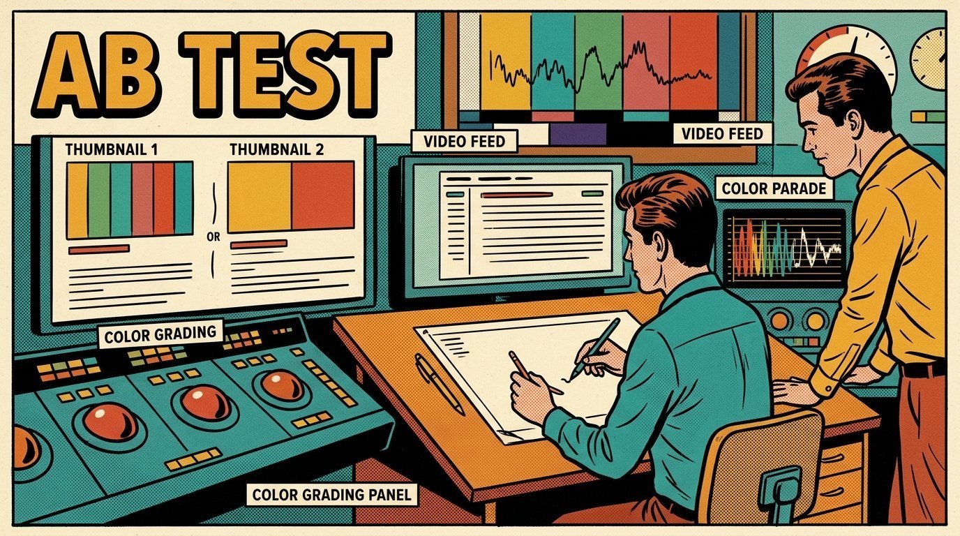 A 1960s mid-century comic book style editorial illustration showing a graphic designer at a drawing desk, with a colour grading panel with trackballs visible in the frame.