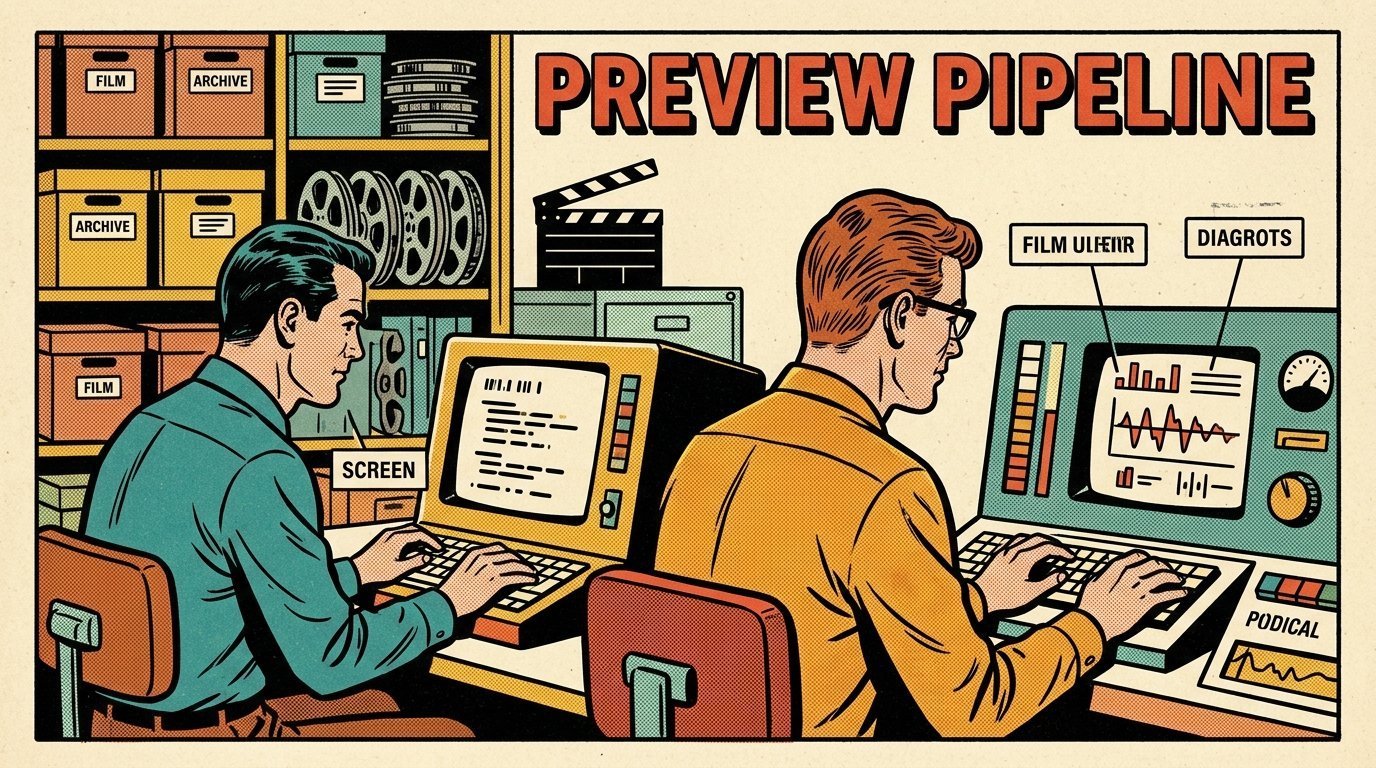 A 1960s mid-century comic book style editorial illustration showing two engineers at terminals in a machine room, with labelled archive boxes and reels, a clapperboard visible in the frame.