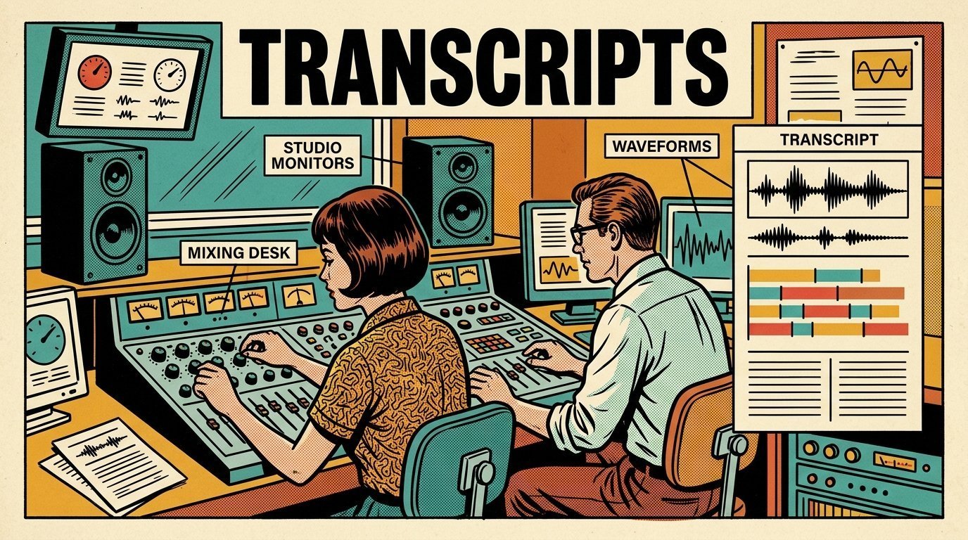 A 1960s mid-century comic book style editorial illustration showing two audio engineers at a mixing desk, with a transcript panel, a pair of studio monitors visible in the frame.