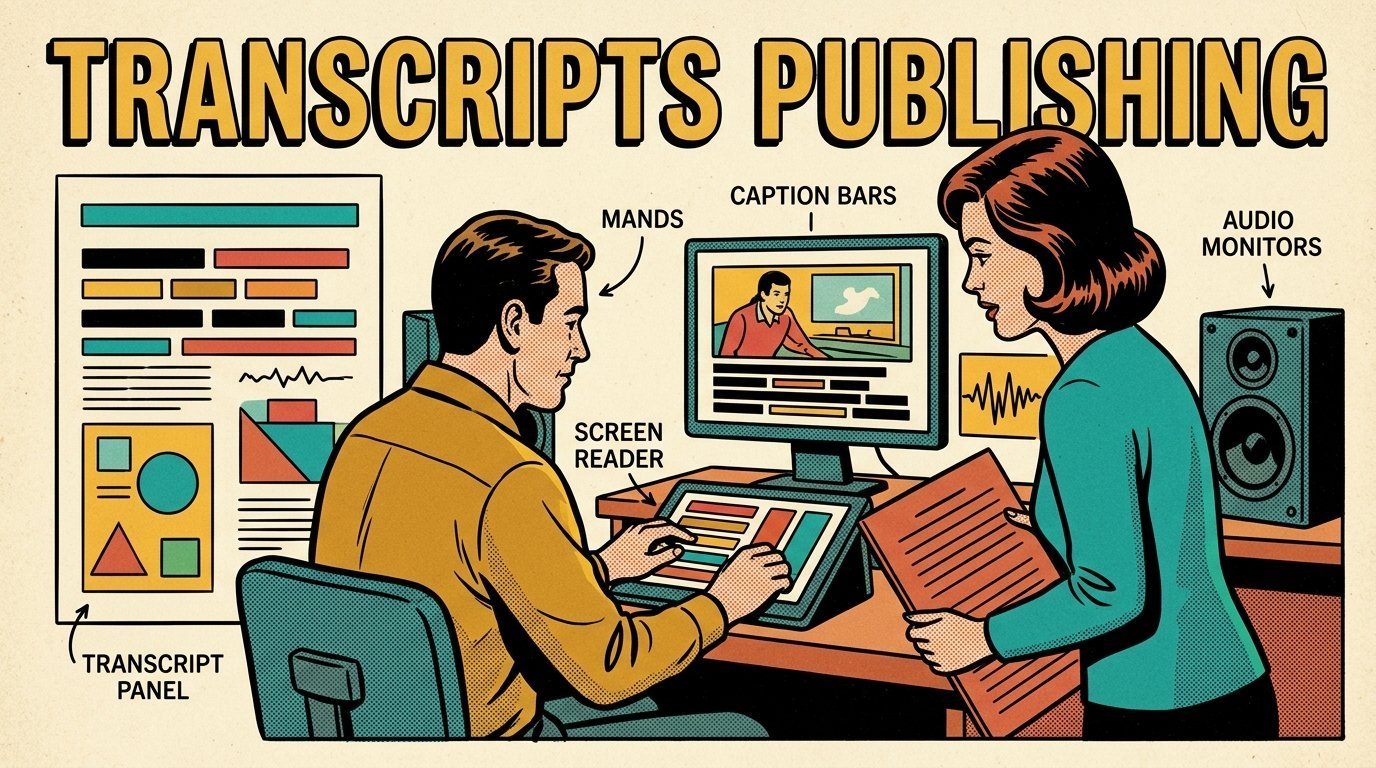 A 1960s mid-century comic book style editorial illustration showing an accessibility specialist and a colleague testing with a screen reader, with a transcript panel, caption bars beneath a picture, a pair of studio monitors visible in the frame.
